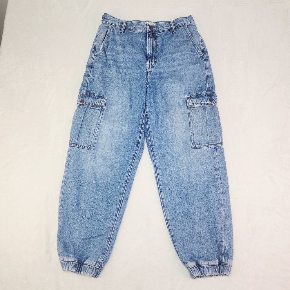 Madewell Baggy Tapered Cargo Jeans 28 High Rise Jogger Elastic Cuff Blue NA949